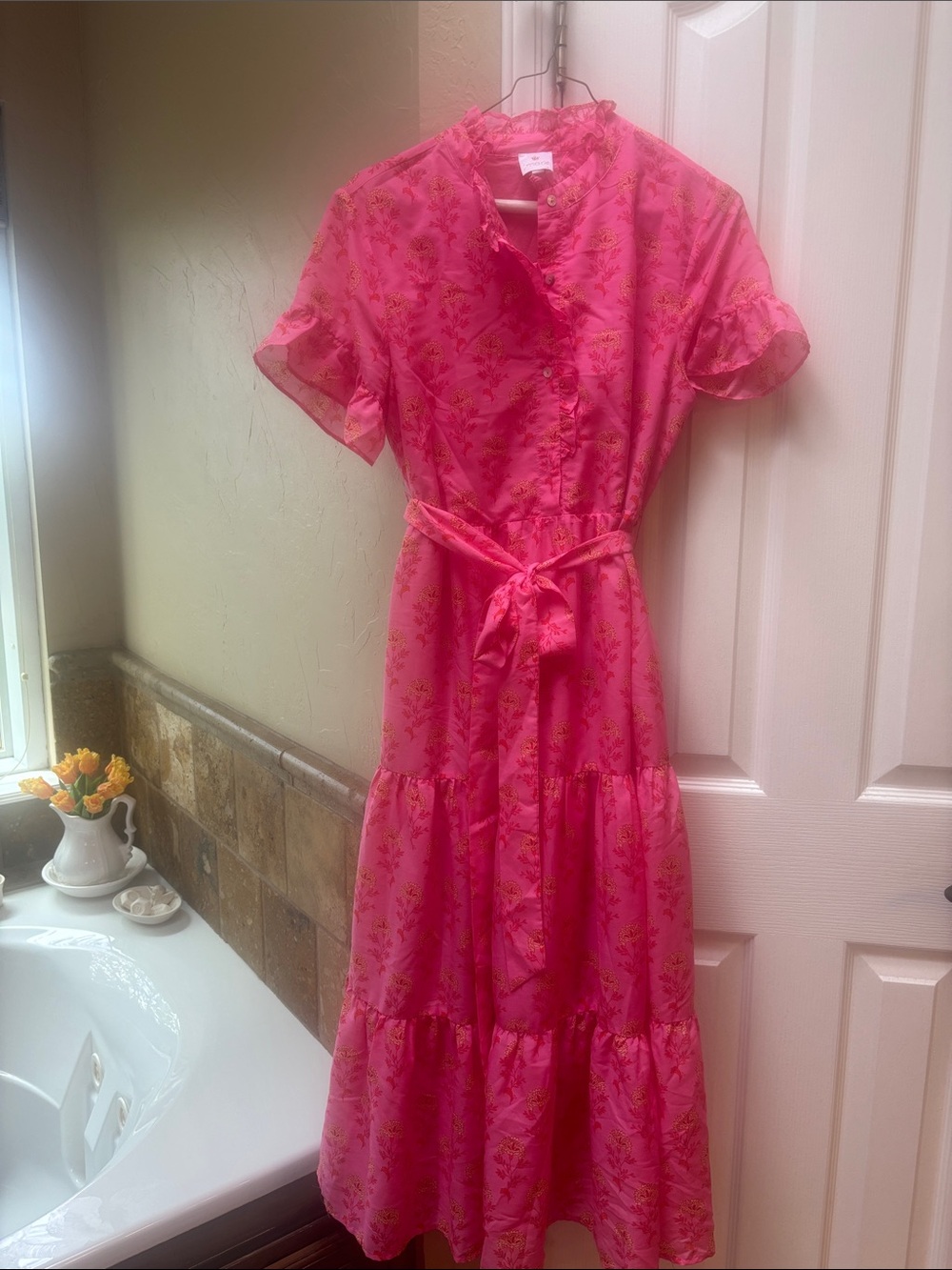 Bright Pink Floral Tie-Waist Maxi Dress